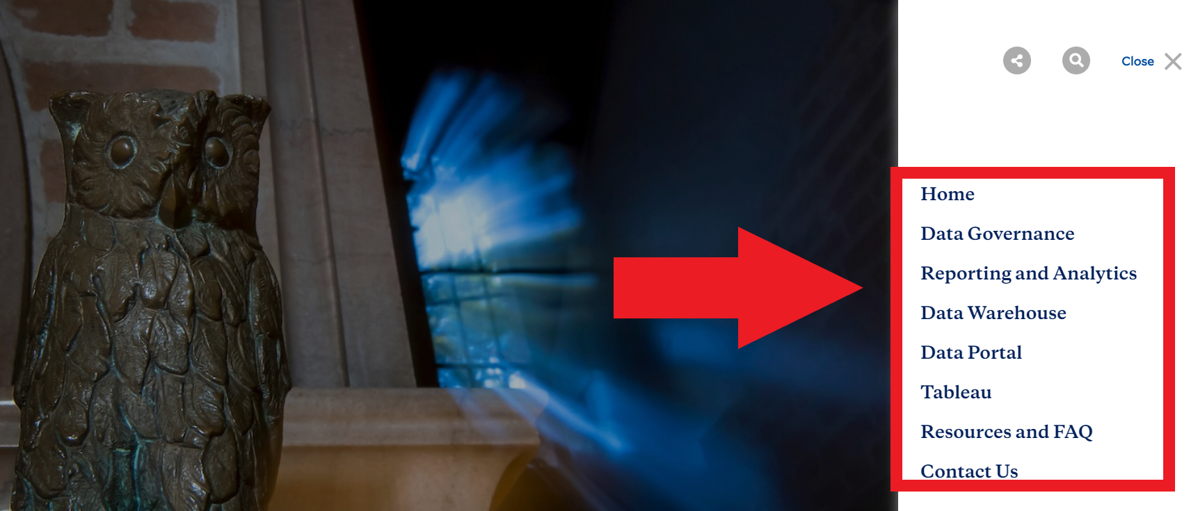 Once the menu button is clicked, a list of menu items appear on the far right of the screen.