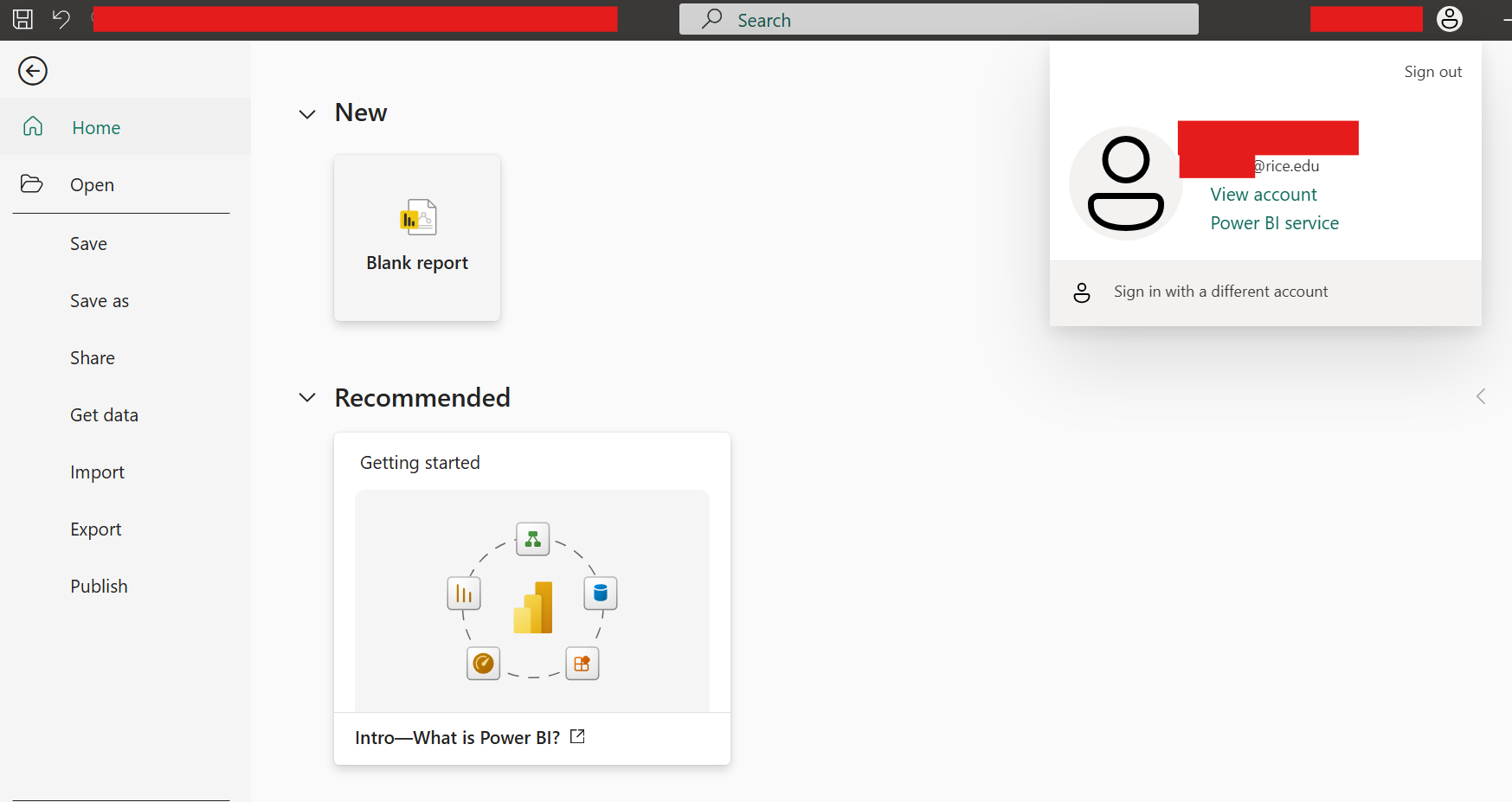 Power BI Desktop showing signed-in user in the top right corner
