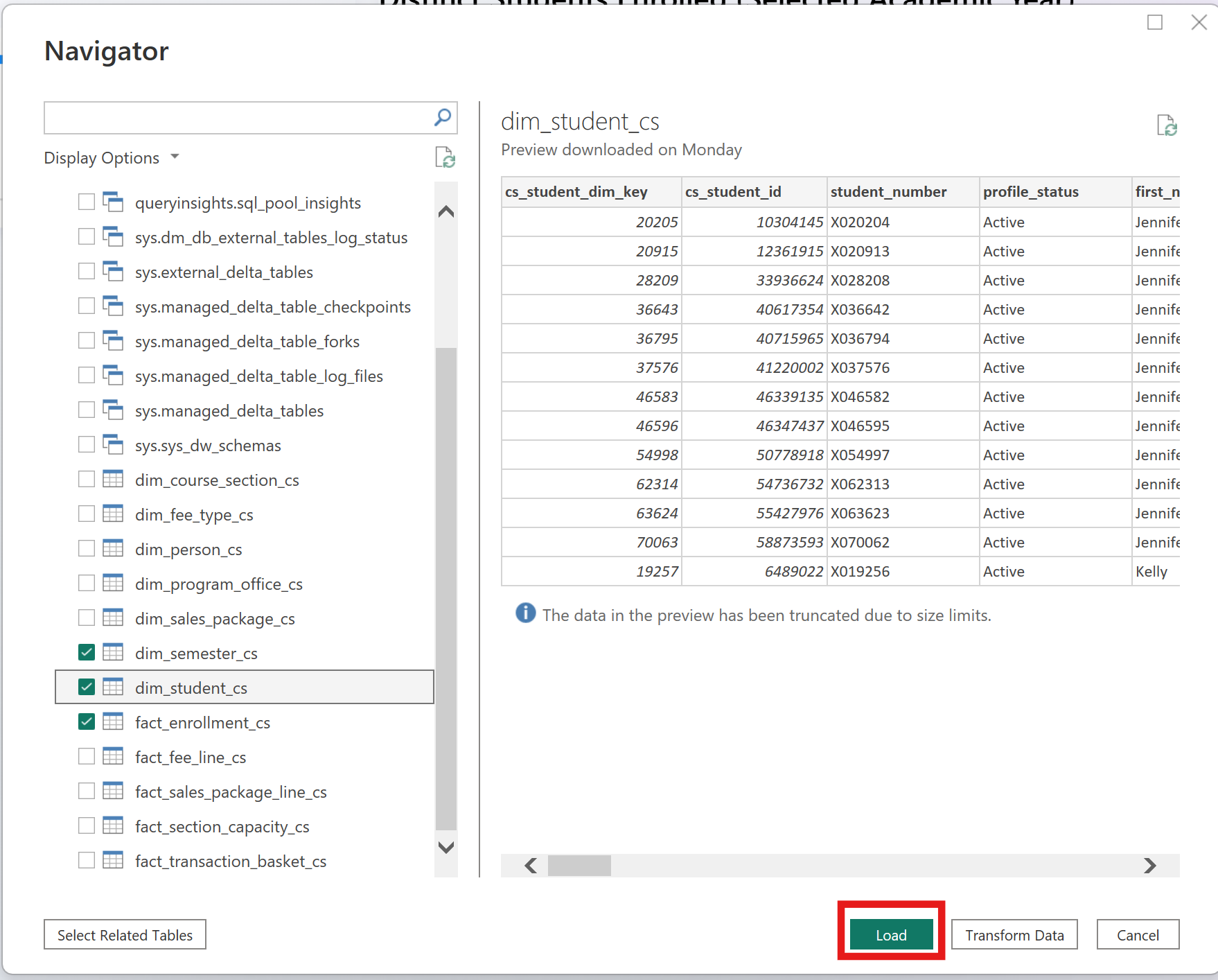 Power BI Desktop Navigator showing lakehouse tables available for reporting
