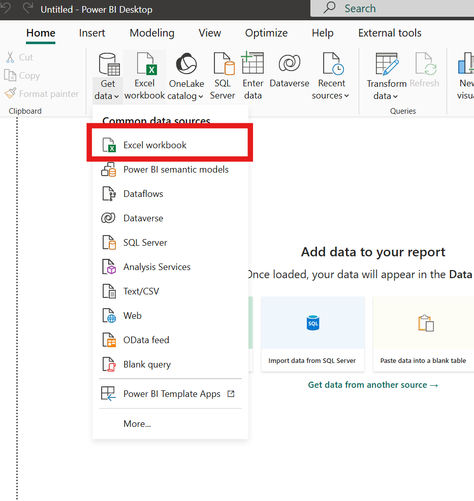 Power BI Desktop Get Data menu showing Excel workbook option