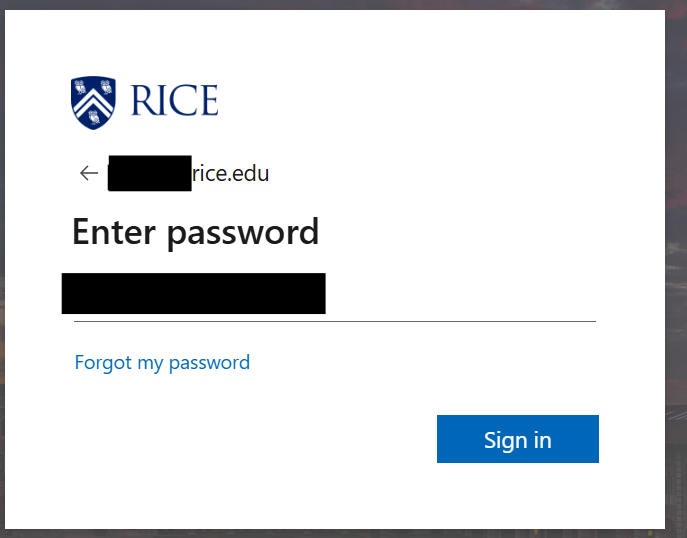 Microsoft 365 password screen for signing in with a Rice account