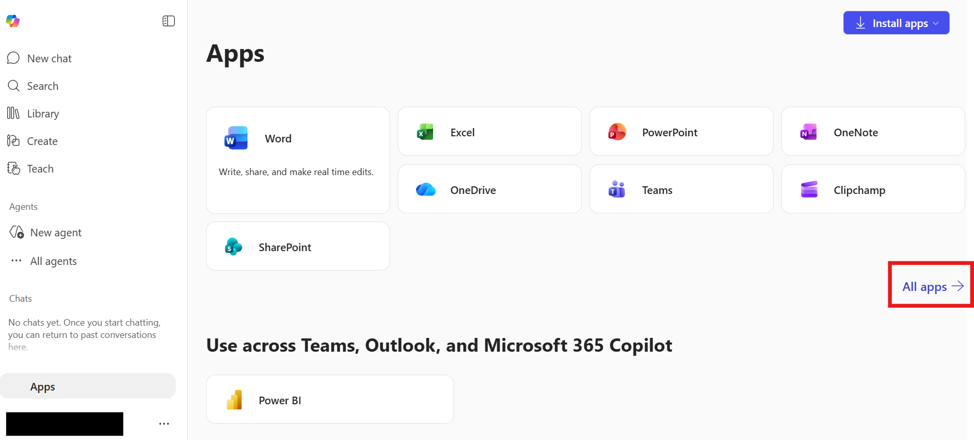 Microsoft 365 apps page showing the Power BI app icon
