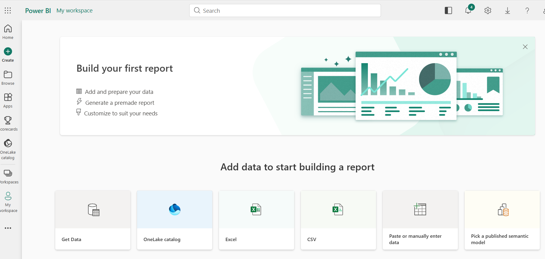 Power BI personal workspace showing the New Report option