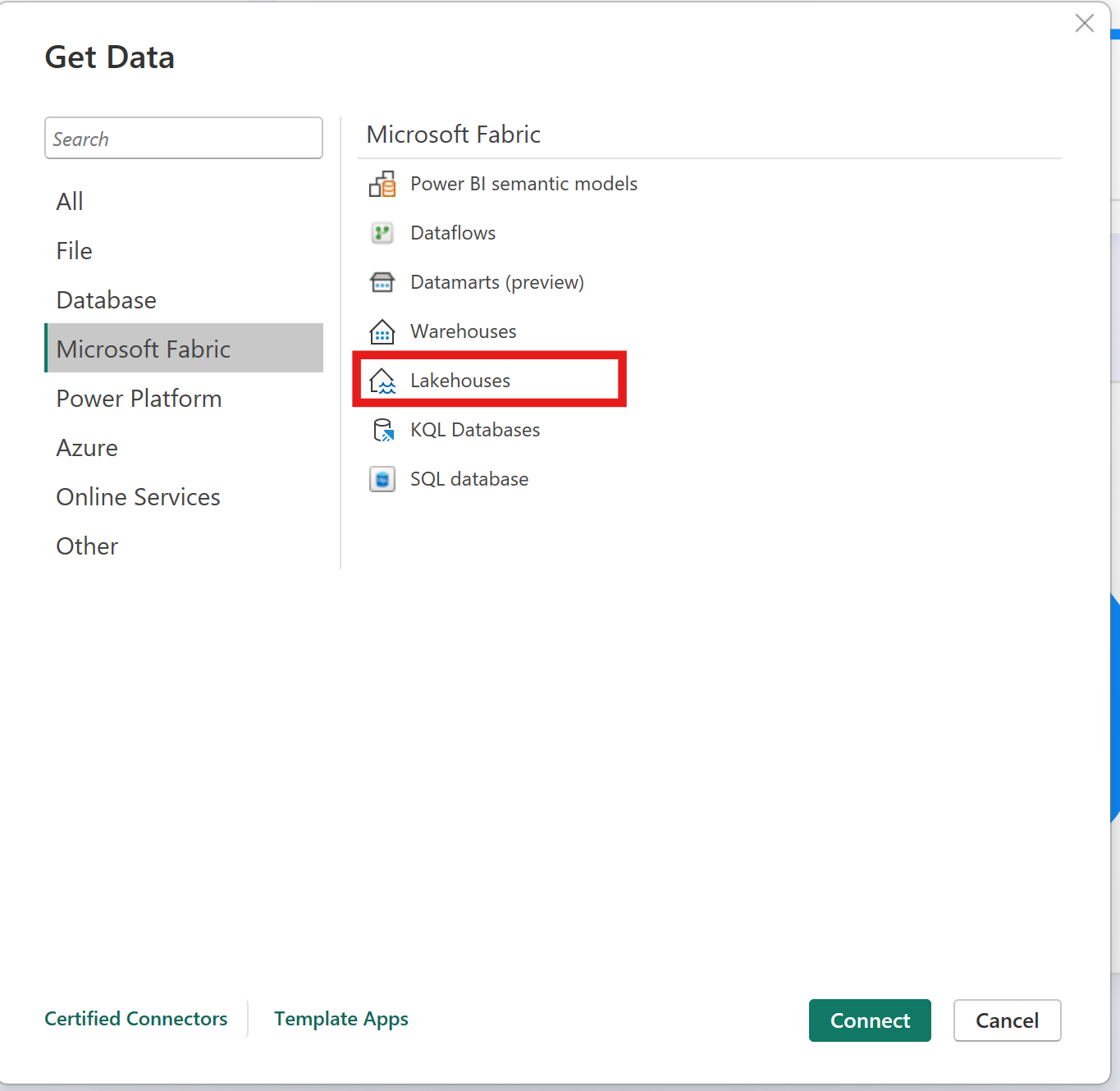 Power BI connector selection showing Lakehouses