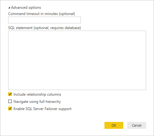 Power BI SQL Server database connection dialog