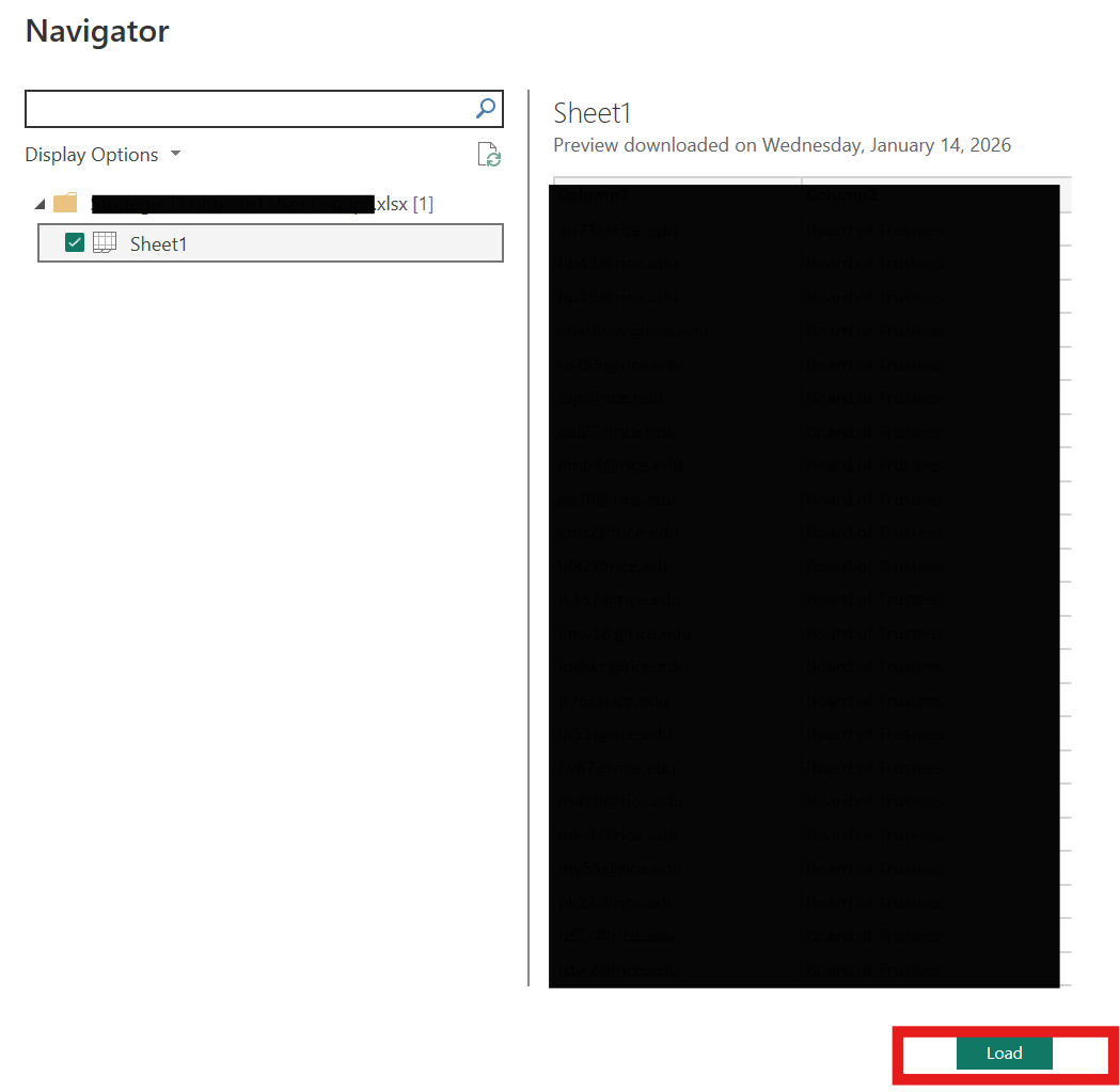 Power BI Navigator pane showing worksheet selection and Load button