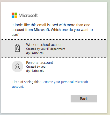 Microsoft sign-in screen showing Work or school account option